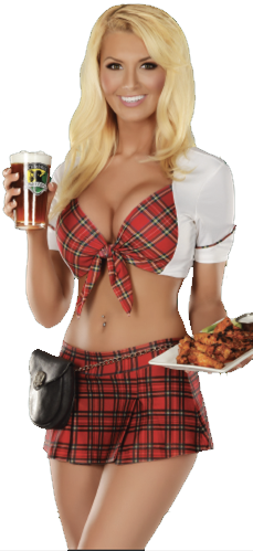 Tilted Kilt Waitress holding beer and wings- deocrative