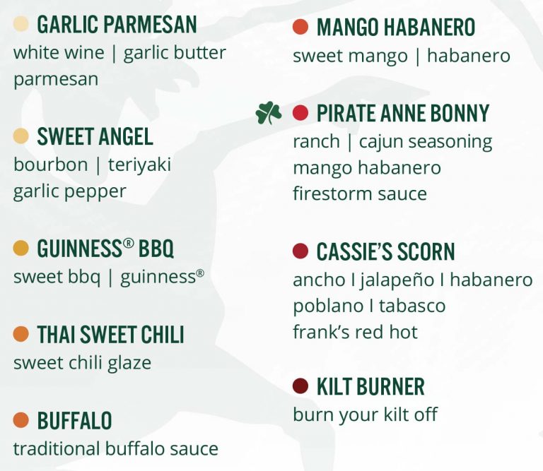assorted sauces for wings: garlic parm, sweet angel, guiness bbq, thai sweet chili, buffalo, mango havanero, pirate ann vonny, cassie's corn, kilt burner