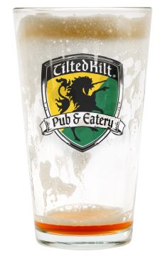 empty beer with tilted kilt logo on glass