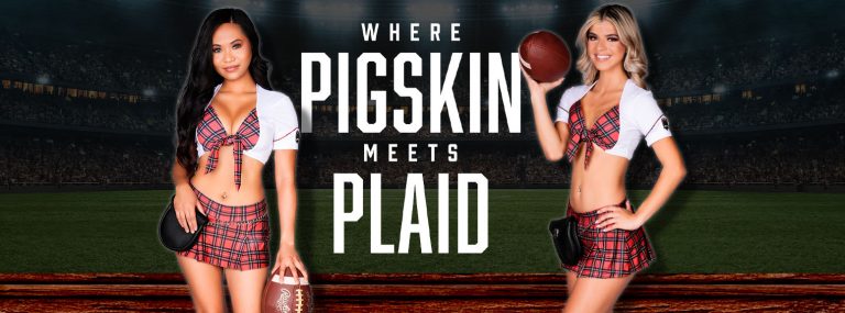 Where Pigskin Meets Plaid - two girls in red kilts holding footballs